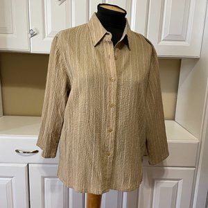 Jones New York Sport Striped Womens Blouse XL White Beige Button Up 3/4 Sleeve
